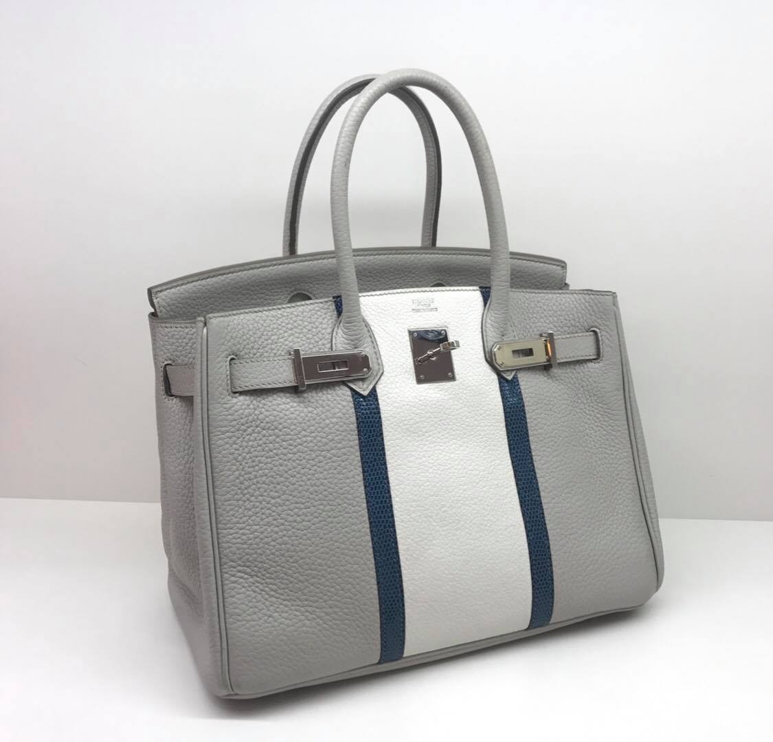 Hermes Birkin 30 in Gris Pale with Perle and Mykonos Blue Stripes ...