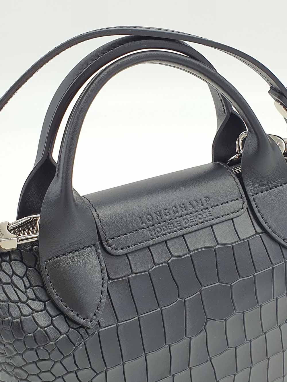 Longchamp Medium Le Pliage Cuir Croco Top Handle Black Leather
